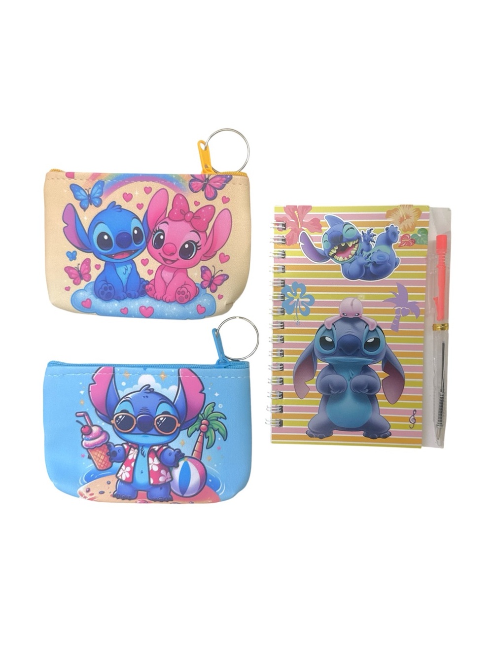 Stitch Character Coin Pouches & Notebook Set - Blue, Pink, Cream